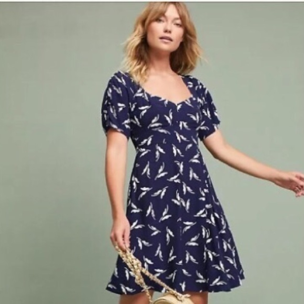 Maeve Navy Blue Midi Dress with White Leaf Pattern